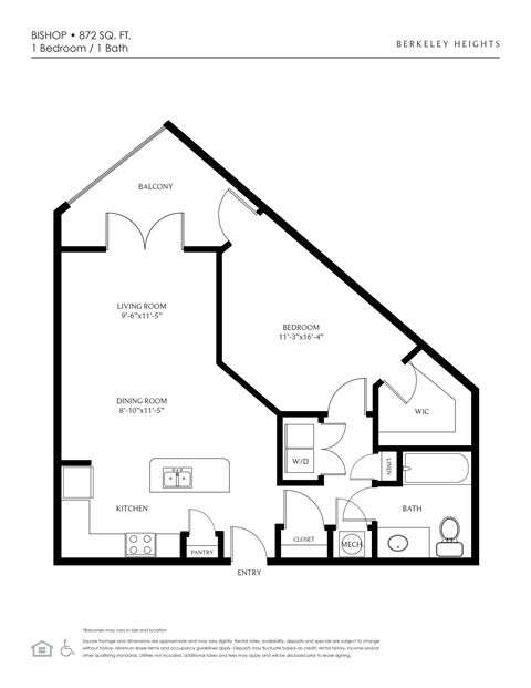 Floor plan for 1 bed, 1 bath, 872 sqft